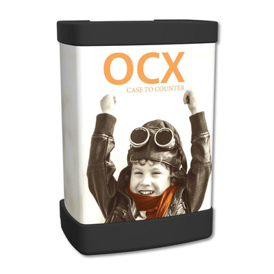 OCX case to counter display featuring a cheering child with aviator hat and goggles for trade shows and events