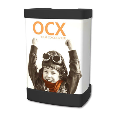 OCX case to counter trade show display featuring vintage pilot child graphic for exhibitions