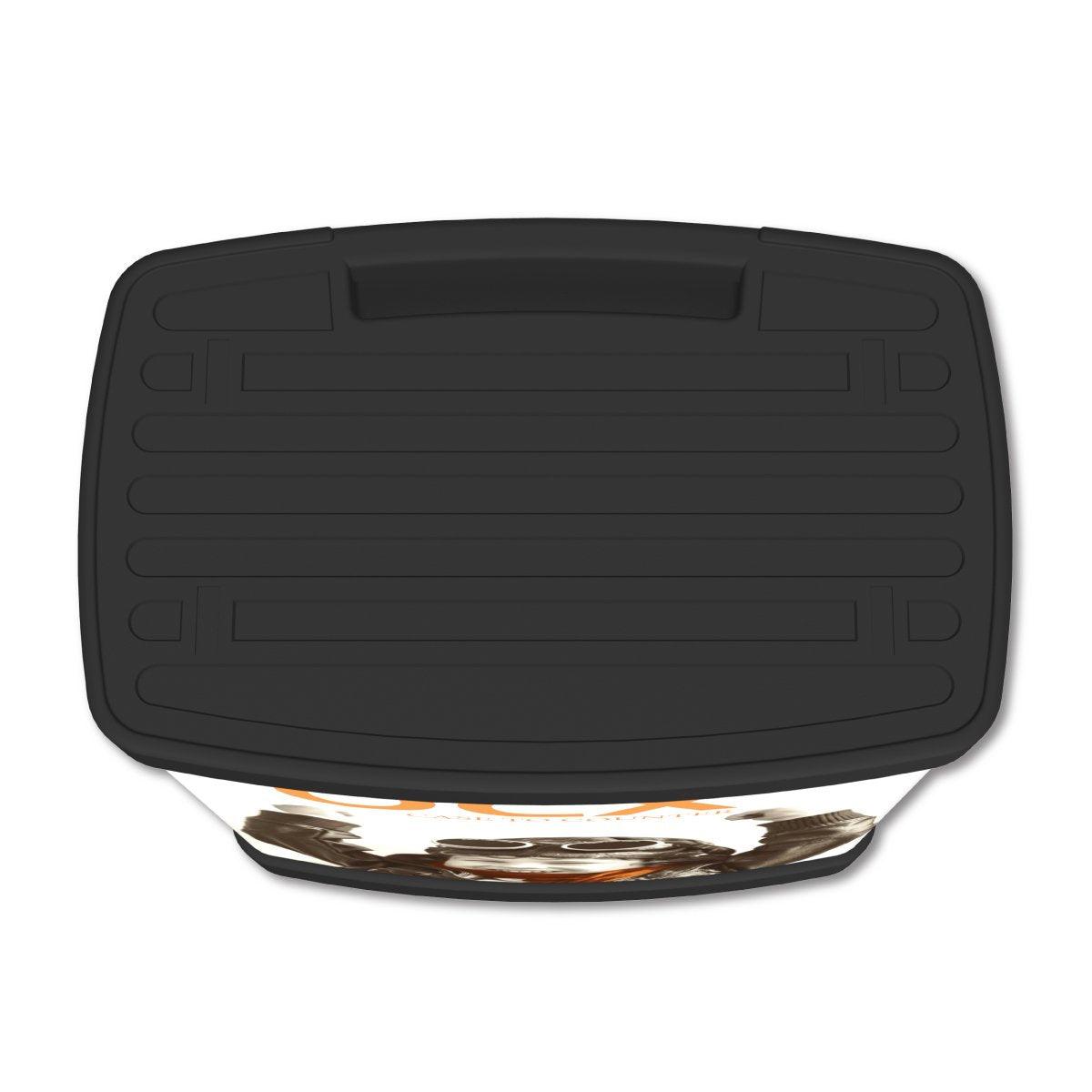 Top view of a durable case with ridged surface and handle designed for trade shows and event transport