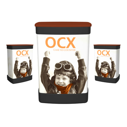 OCX case to counter display stands featuring cheerful child pilot image for trade shows and exhibitions