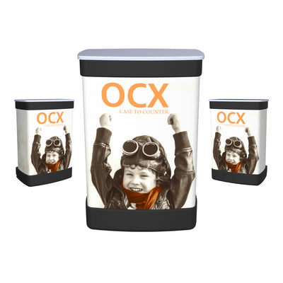 OCX branded portable trade show counters featuring child pilot image for exhibitions and events