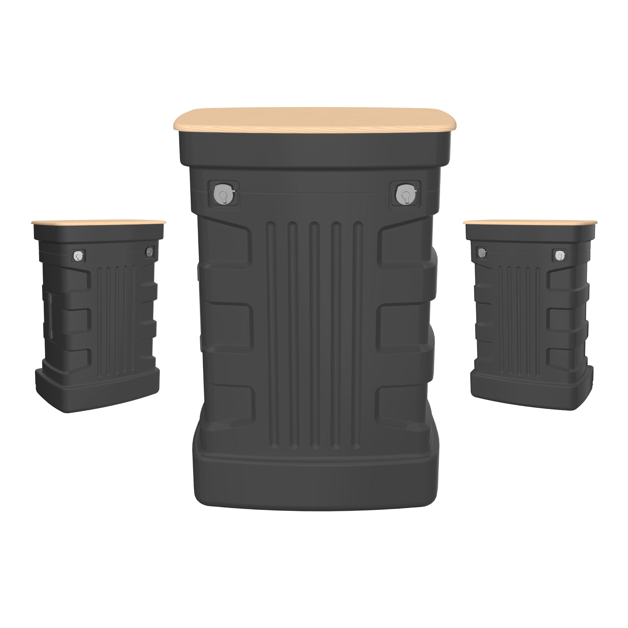 Three portable modular counters for trade shows and exhibition booths with lockable storage and wood-like tops