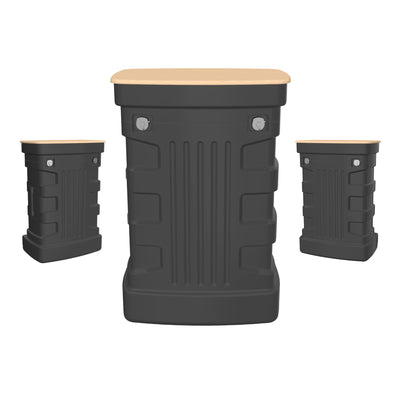 Three portable modular counters for trade shows and exhibition booths with lockable storage and wood-like tops