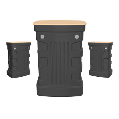 Three portable modular counters for trade shows and exhibition booths with lockable storage and wood-like tops