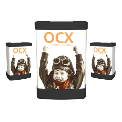 OCX trade show counters with child pilot image and branding for exhibitions and events