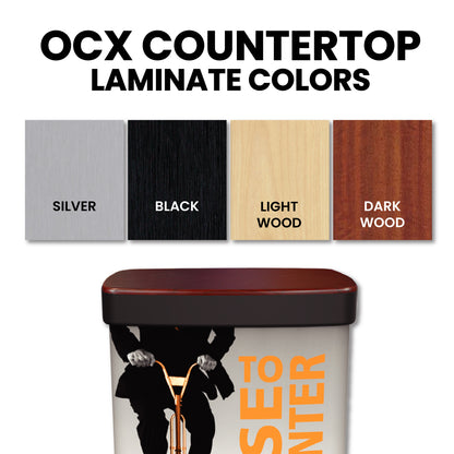 Exhibition countertop display showcasing laminate color options for trade show use with promotional graphics