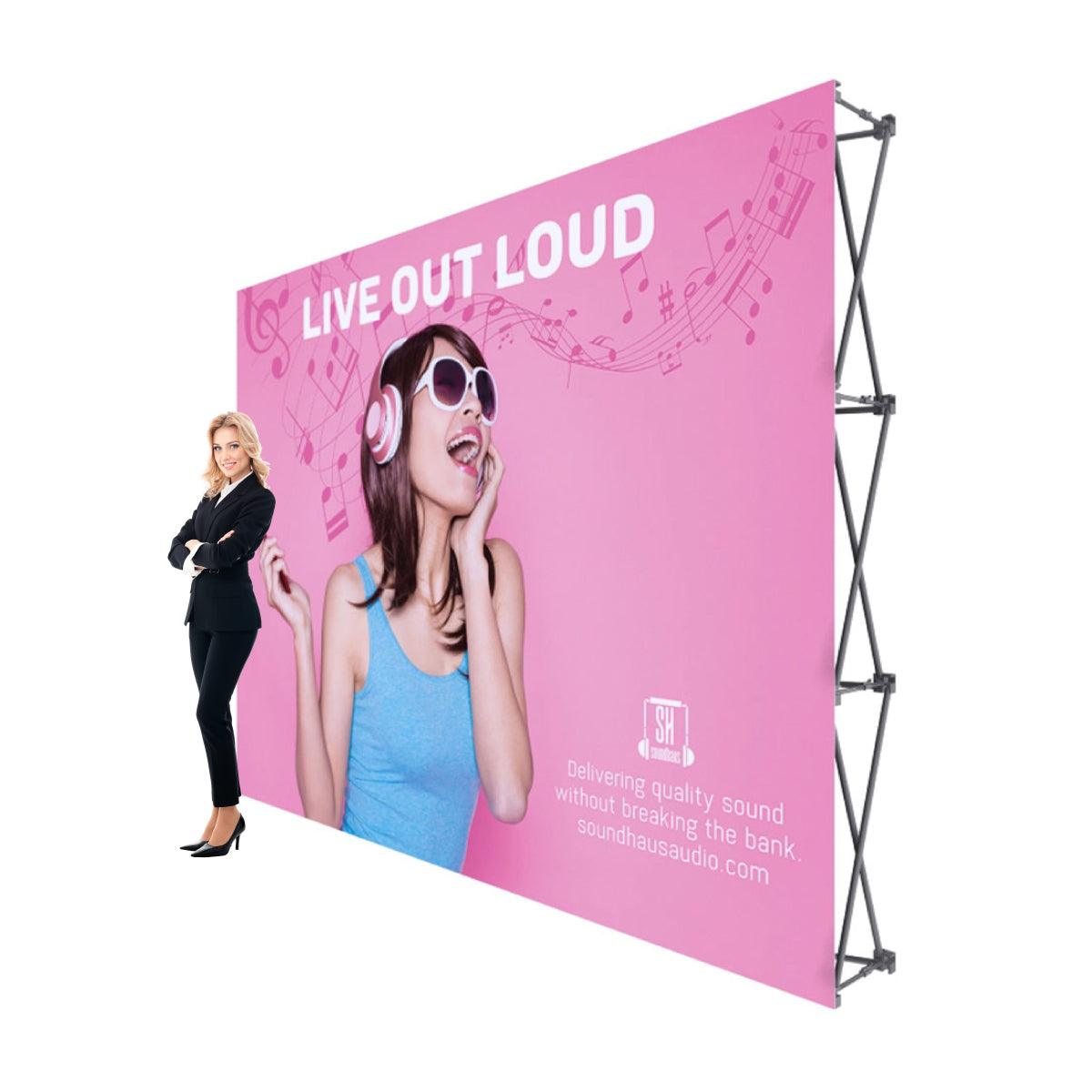 10ft pop-up fabric display with promotional music graphic for trade shows and exhibitions