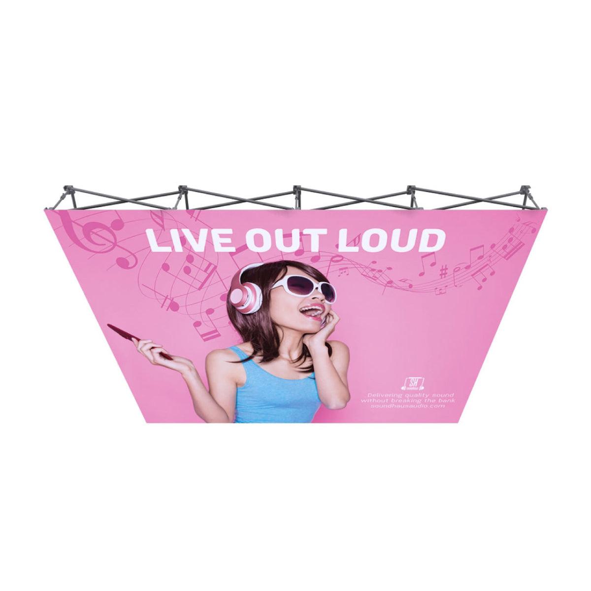 10ft pop-up fabric display with music-themed graphic and woman wearing headphones for trade shows