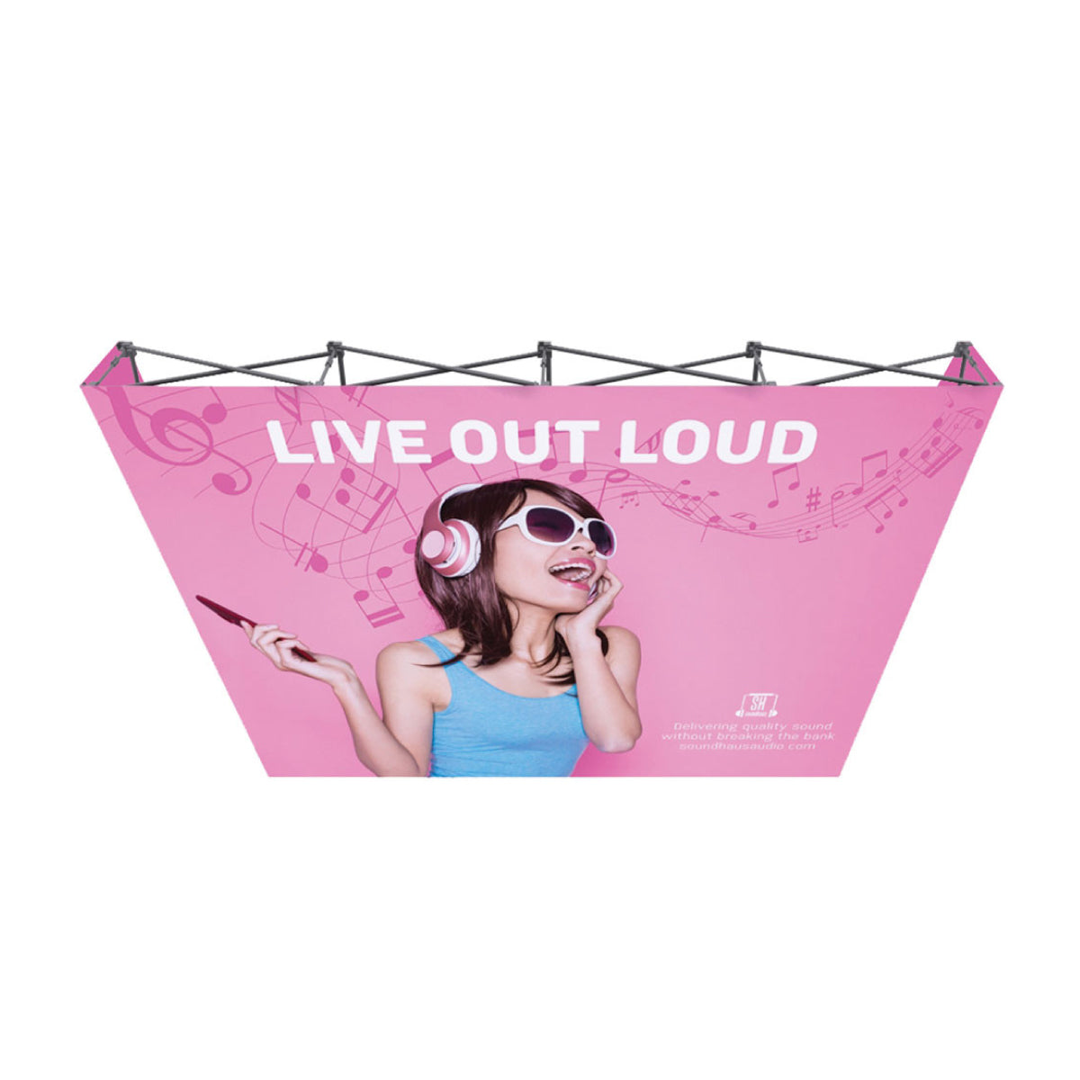 10ft pop-up display with graphic of woman wearing headphones and sunglasses, ideal for trade shows and events