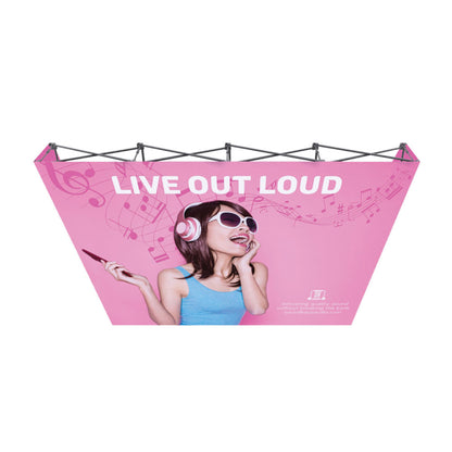 10ft pop-up display with graphic of woman wearing headphones and sunglasses, ideal for trade shows and events