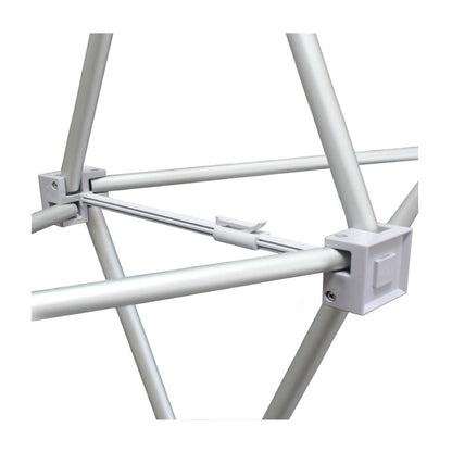 Close-up of metal frame joints for 10ft pop-up fabric display used at trade shows and exhibitions