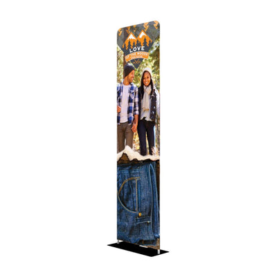 Tall double-sided fabric display with outdoor lifestyle graphics for trade shows and events
