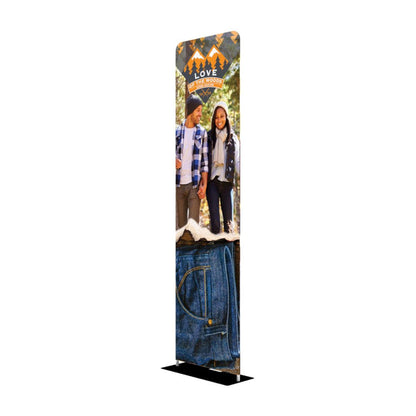 Tall double-sided fabric display with outdoor lifestyle graphics for trade shows and events
