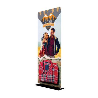 Double-sided fabric display stand featuring apparel branding for trade shows and exhibitions
