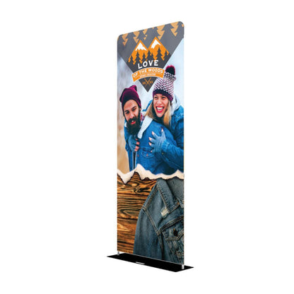 Tall double-sided fabric display with outdoor apparel branding for trade shows and exhibitions