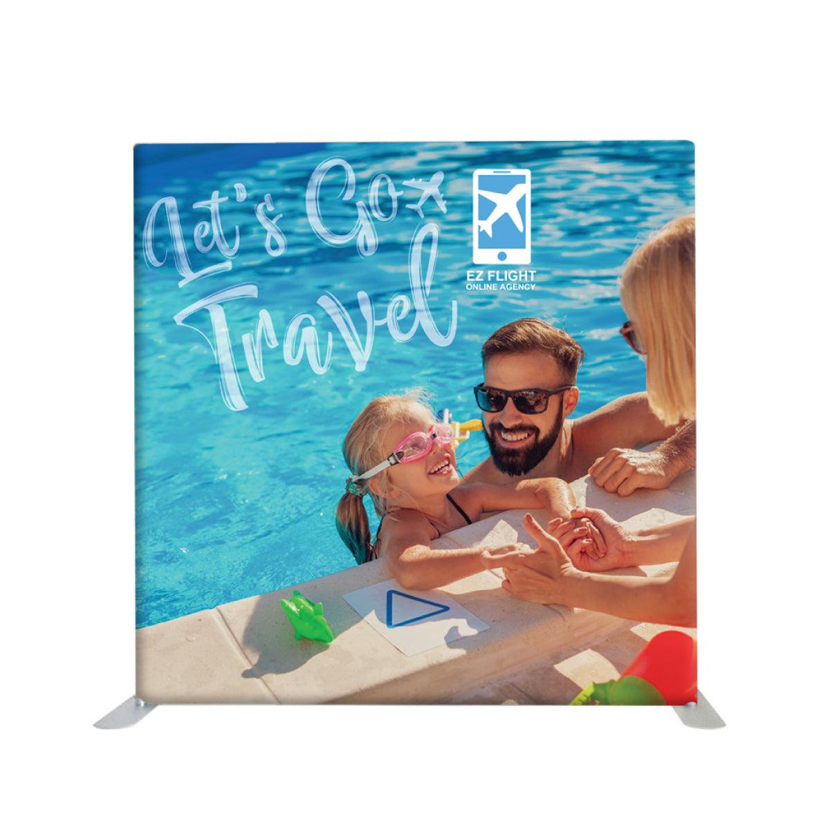 8ft single-sided fabric display for trade shows featuring travel agency promotion with family poolside scene