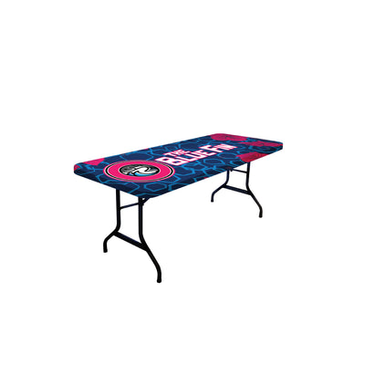 Custom branded stretch table topper on folding table for trade shows and special events