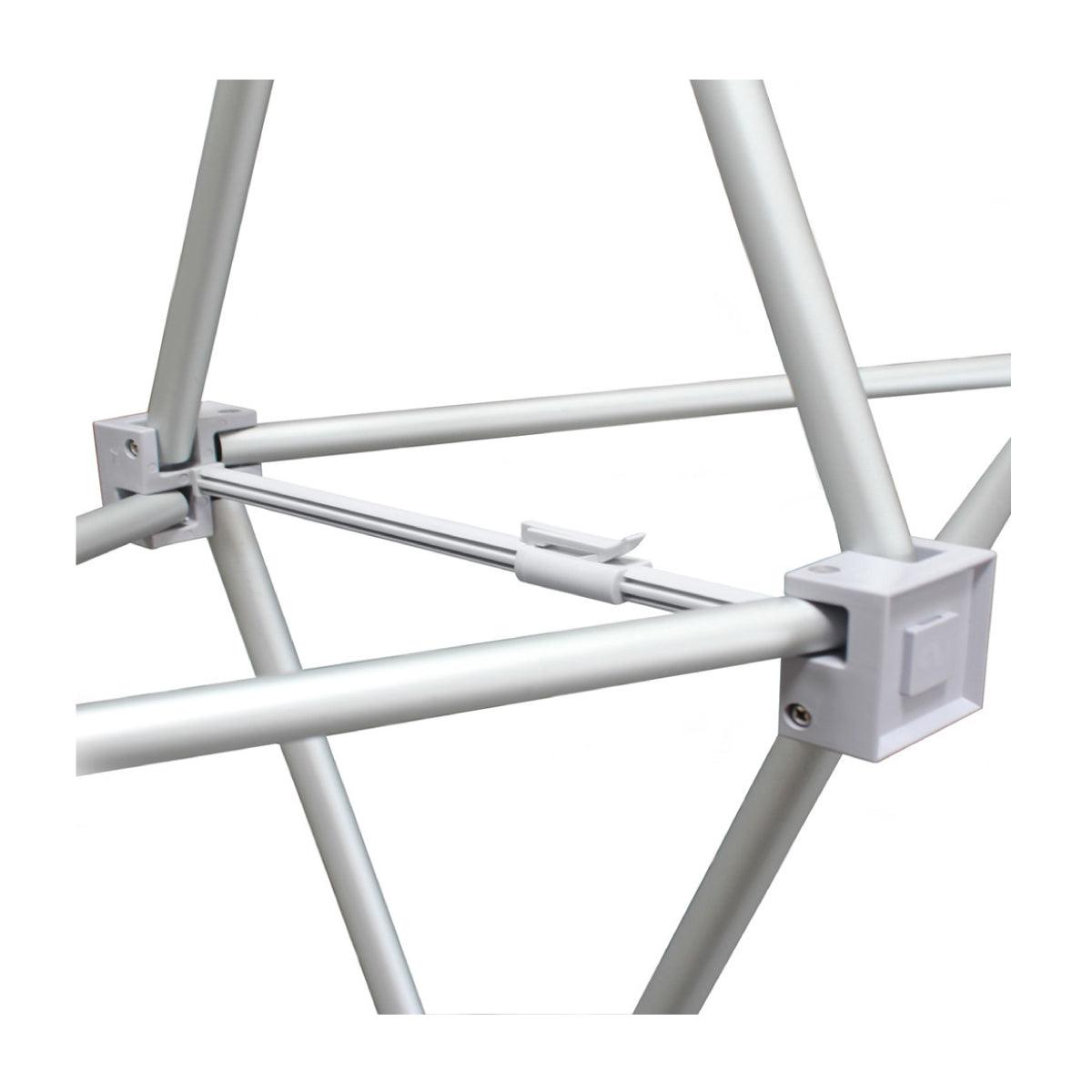 Close-up of a trade show pop-up frame connector and support bar for portable exhibition displays