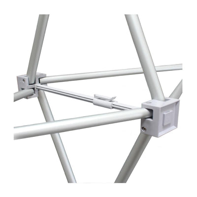 Close-up of a trade show pop-up frame connector and support bar for portable exhibition displays