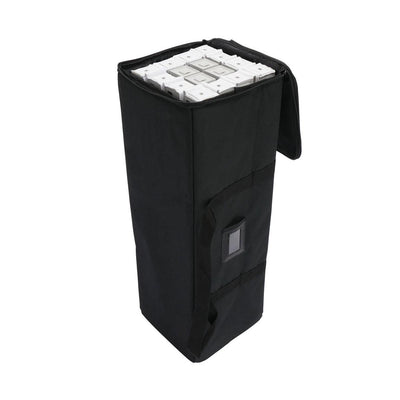 Compact carrying bag storing a disassembled trade show pop-up frame for easy transport to exhibitions and events