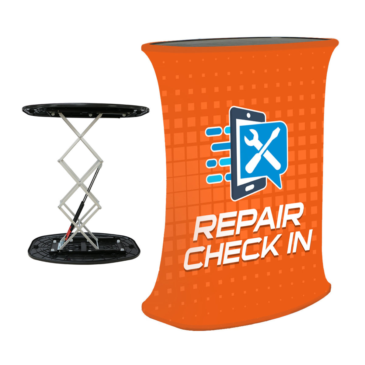 Portable pop-up counter with repair check-in graphic for trade shows and special events