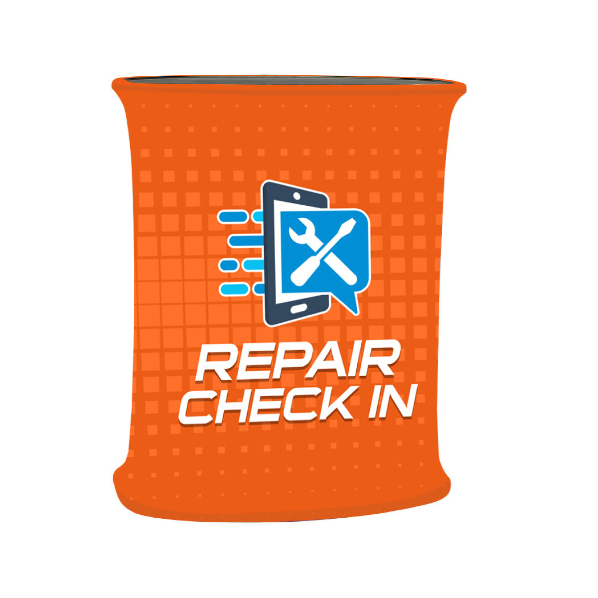 Pop-up counter with repair check-in signage for trade shows, exhibitions, and special events