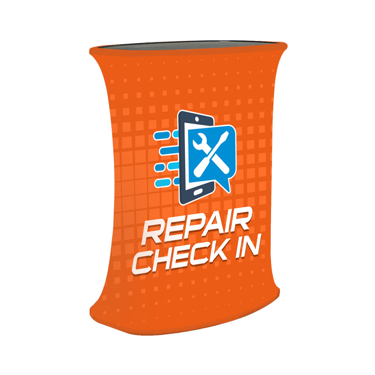 Portable pop-up counter with repair check-in branding for trade shows and exhibitions