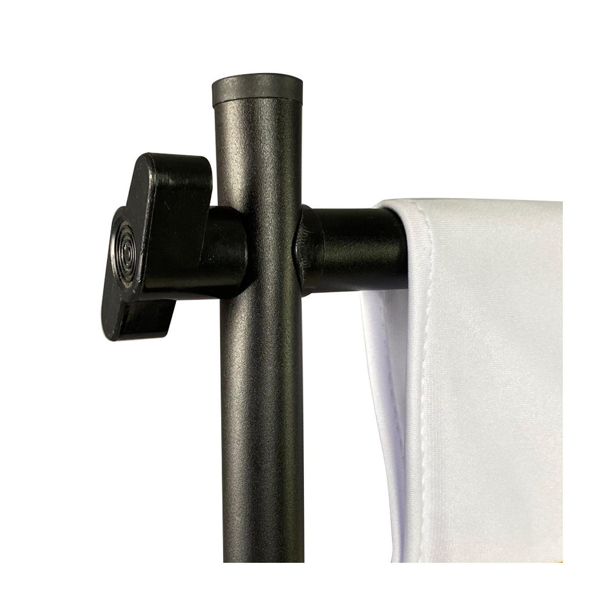 Close-up of adjustable clamp and pole system holding fabric banner for trade shows exhibition displays