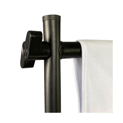 Close-up of adjustable clamp and pole system holding fabric banner for trade shows exhibition displays