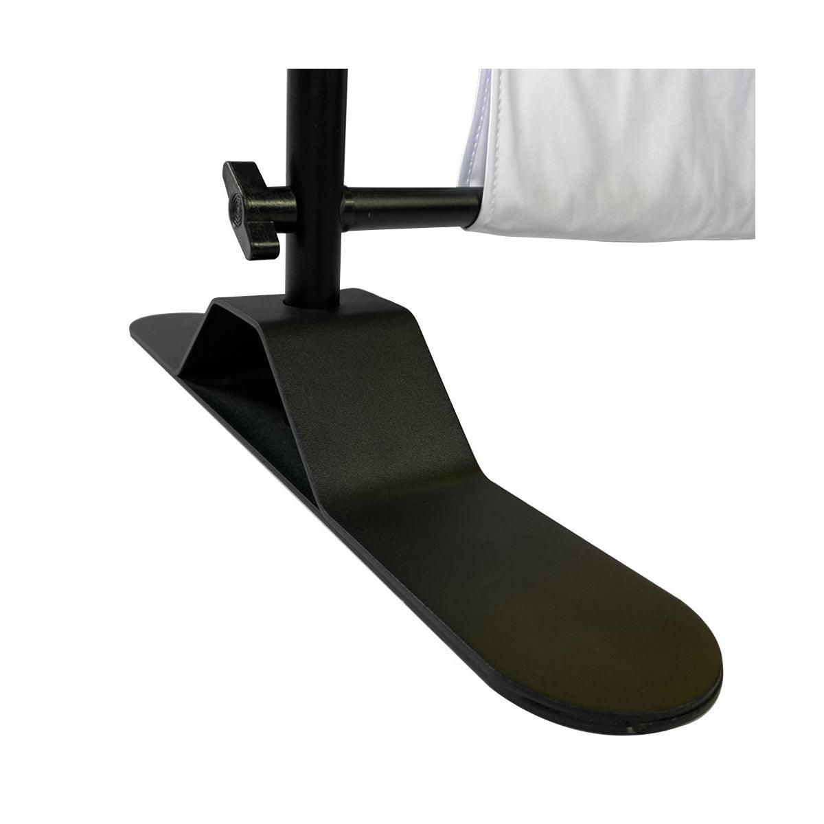 Metal base clamp for trade show display with adjustable locking knob and attached fabric panel
