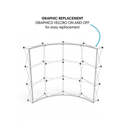 Curved pop-up display frame with easy graphic replacement for trade shows and exhibitions