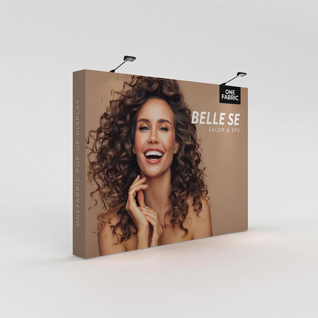One Fabric pop-up display featuring a salon and spa advertisement, ideal for trade shows and exhibitions