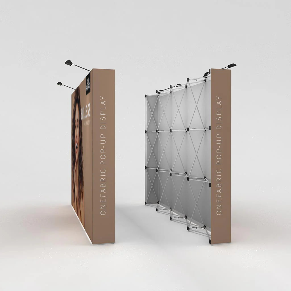 OneFabric pop-up display with fabric graphic and lighting for trade shows and exhibitions