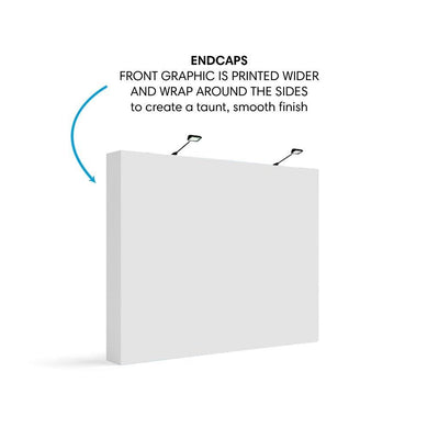 Straight trade show fabric display with smooth wrap-around graphic and overhead lighting for exhibitions