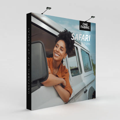 OneFabric pop-up display with safari tours promotional graphic for trade shows and exhibitions