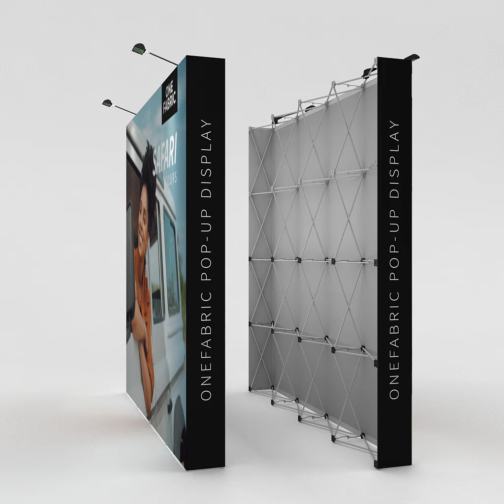 OneFabric pop-up fabric display stand for trade shows and exhibitions with front graphic and LED lights
