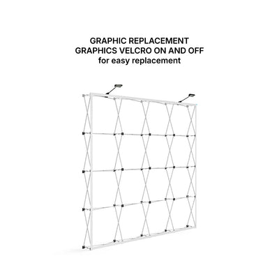 Collapsible trade show display frame with graphic replacement and adjustable lighting for exhibitions