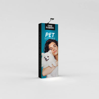Tall fabric pop-up display with pet sitter advertisement for trade shows and special events