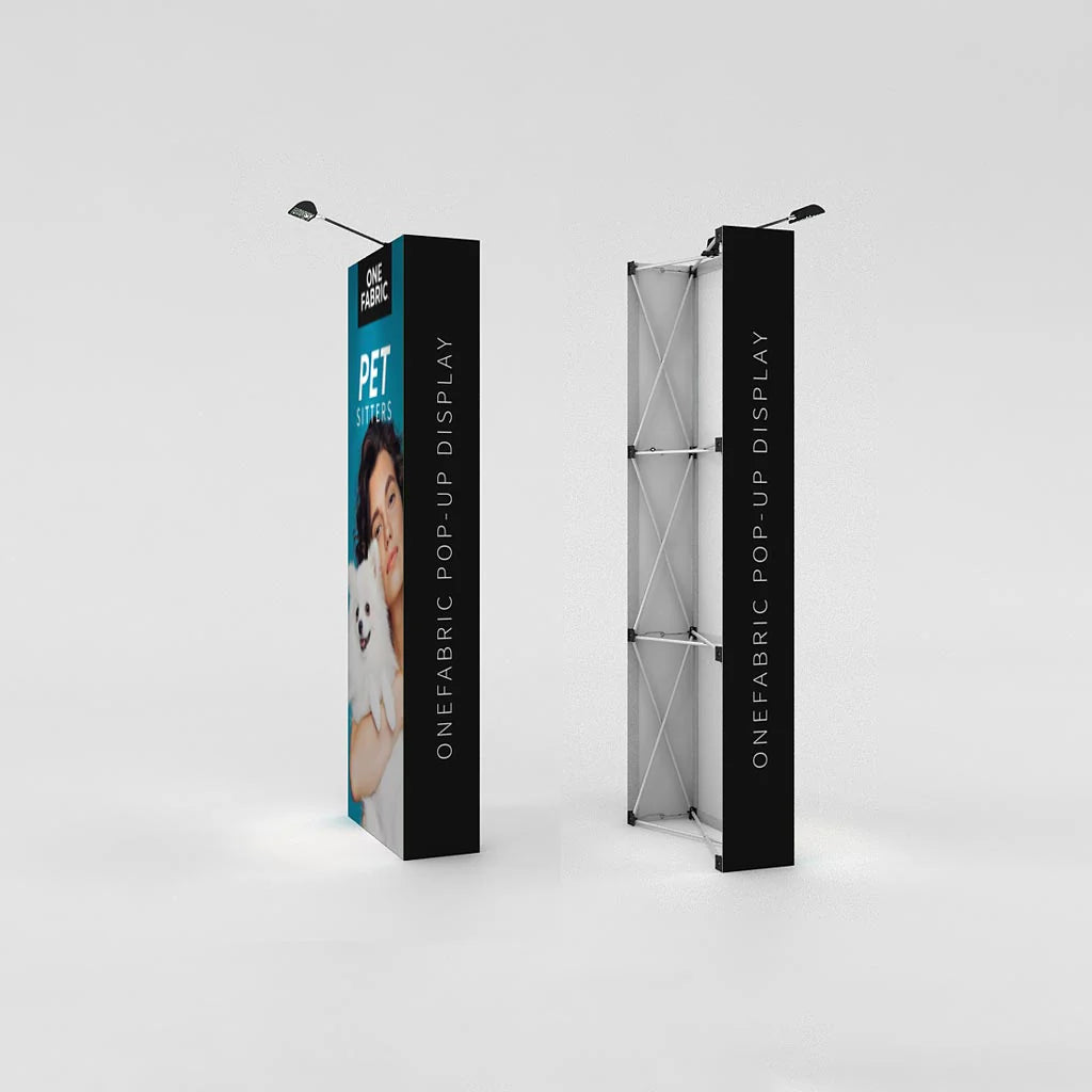 Tall fabric pop-up display for trade shows featuring pet sitters advertising with lighting