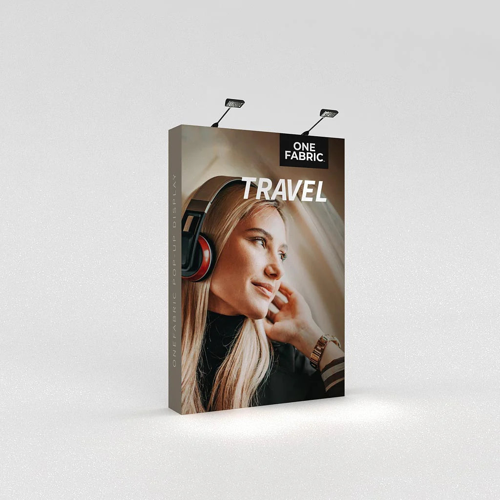 One Fabric pop-up display showcasing travel-themed advertisement for trade shows and exhibitions