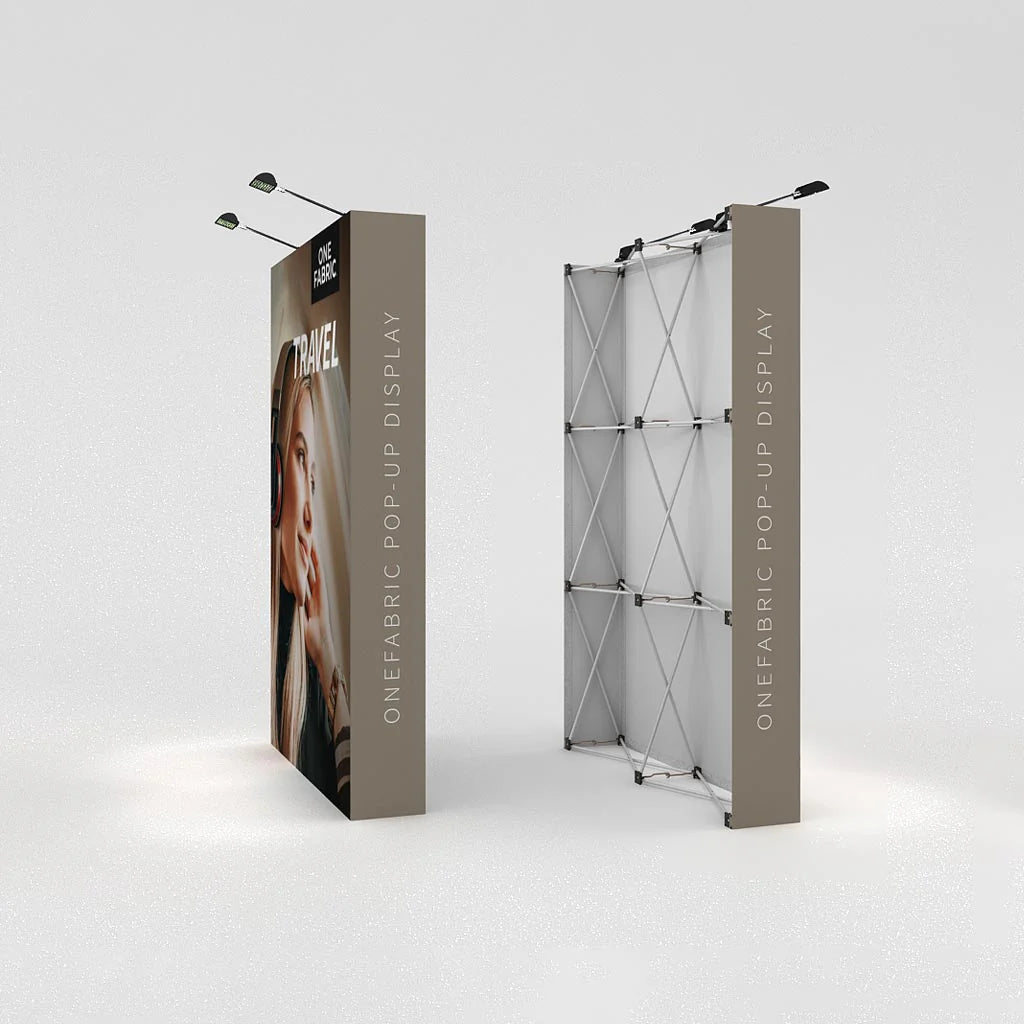Fabric pop-up display with printed graphics and lighting, ideal for trade shows and exhibitions