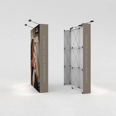 Fabric pop-up display with printed graphics and lighting, ideal for trade shows and exhibitions