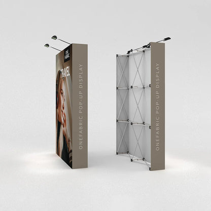 Fabric pop-up display with printed graphics and lighting, ideal for trade shows and exhibitions