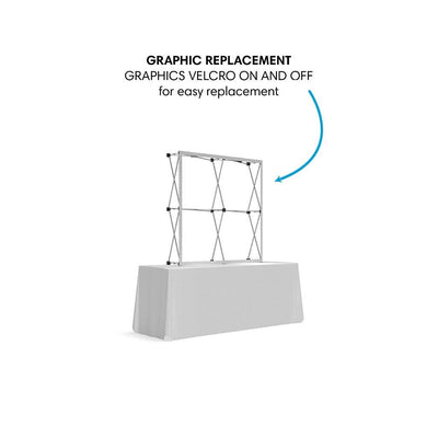 Trade show tabletop display with collapsible frame for easy graphic replacement at exhibitions
