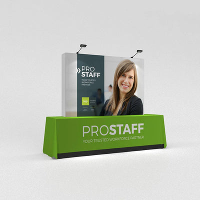 Trade show fabric pop-up display and branded table cover with workforce partner promotion