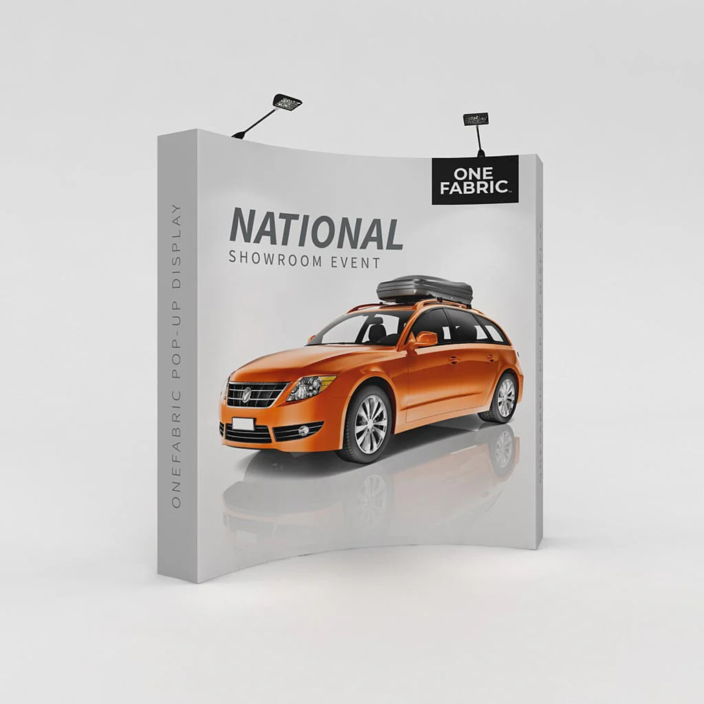 Curved fabric pop-up display with car graphic for trade shows and showroom events