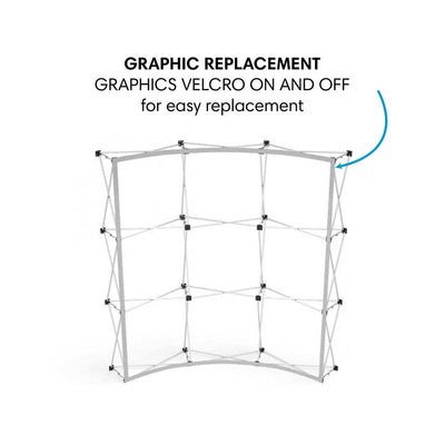 Curved trade show display frame with easy graphic replacement using Velcro for exhibitions and events