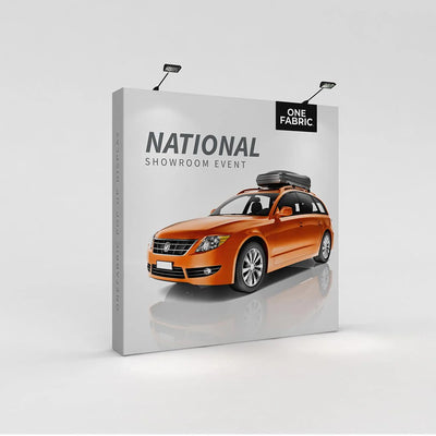Fabric pop-up display showcasing a car image and text for showroom event, ideal for trade shows and exhibitions