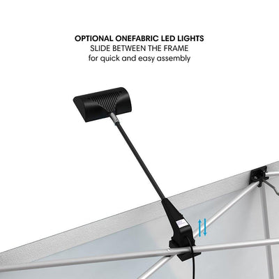 LED light accessory sliding between frame for quick assembly on trade show display