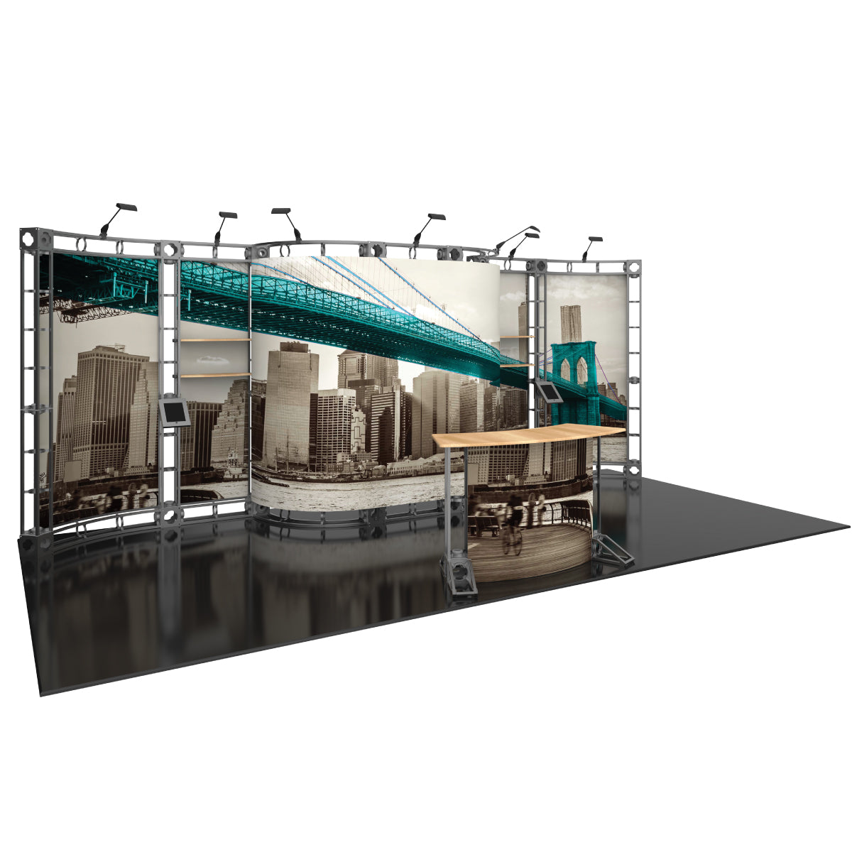 Modular exhibition display with graphic panels and counter for trade shows and events